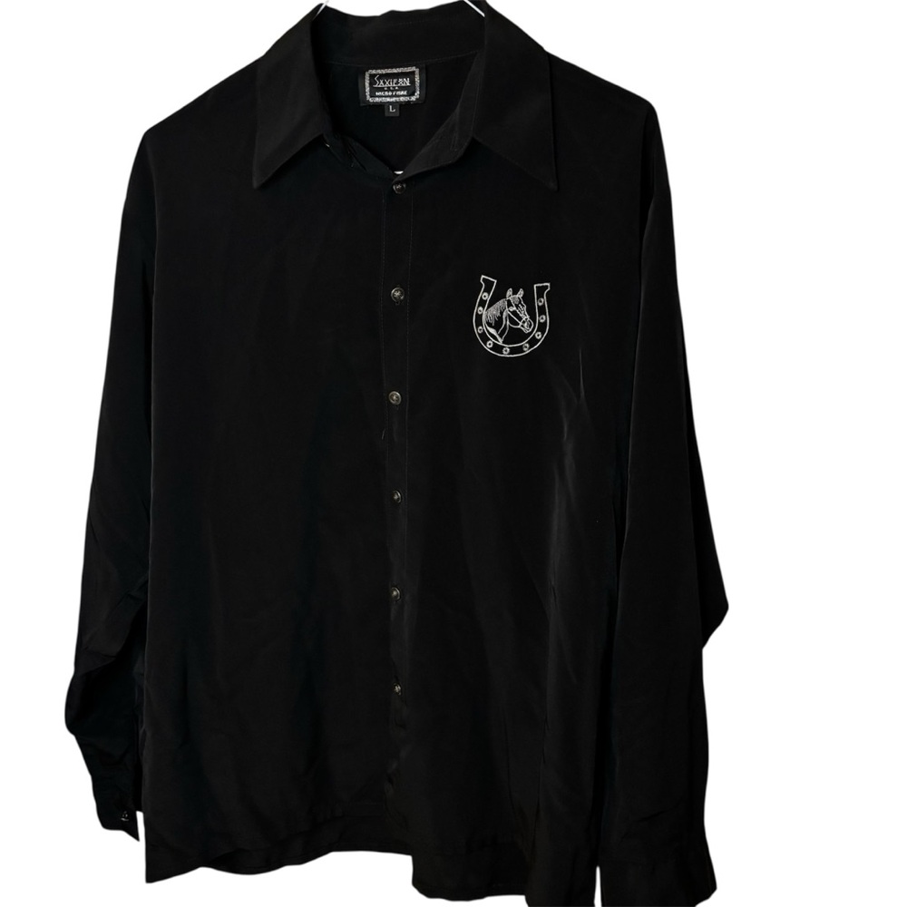 Black Button-Up Shirt with Horseshoe Embroidery